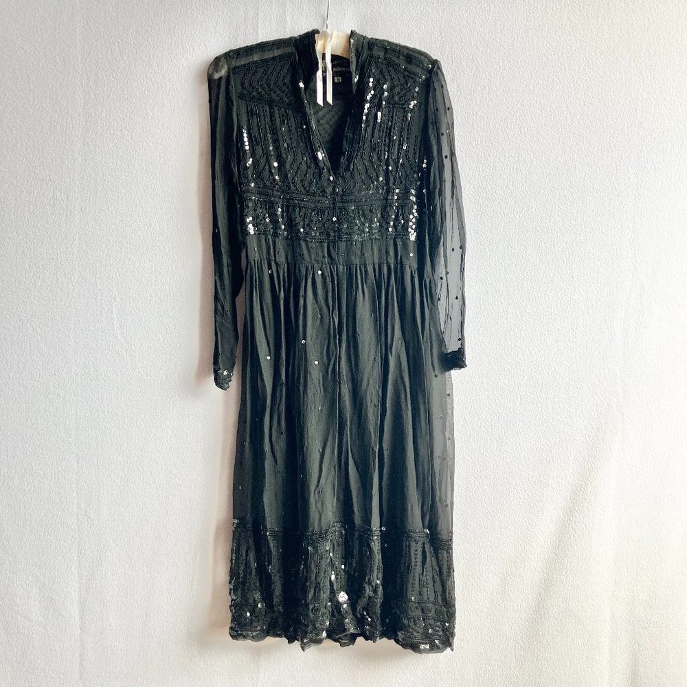 1970s Black Silk Chiffon Sequined Boho Hippie Dress